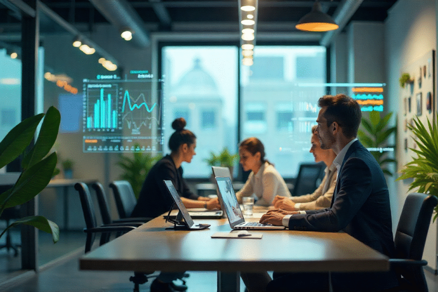 Autonomous AI agents collaborating with employees in a modern enterprise office, managing workflows and analyzing real-time data.