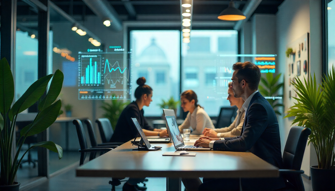 Autonomous AI agents collaborating with employees in a modern enterprise office, managing workflows and analyzing real-time data.