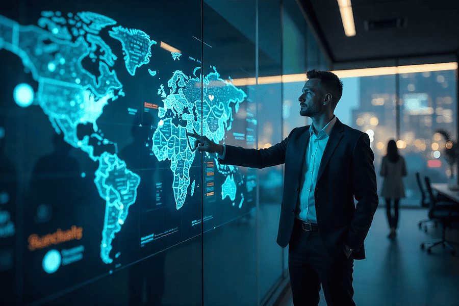 Business professional using an agentic AI system to automate workflows, analyze real-time data, and support autonomous decision-making in a modern office environment.