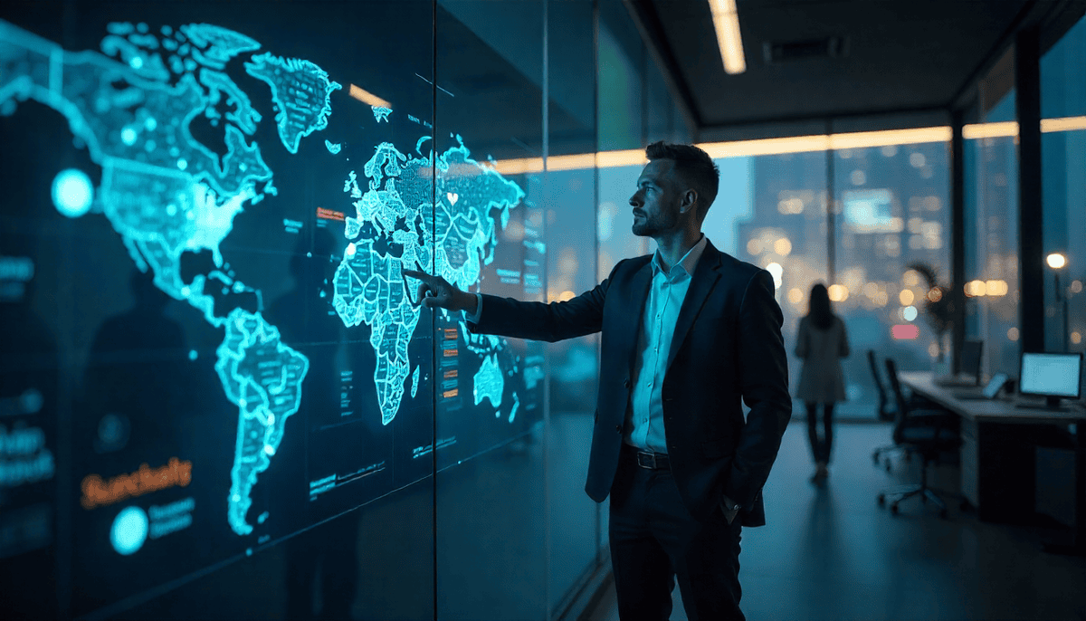 Business professional using an agentic AI system to automate workflows, analyze real-time data, and support autonomous decision-making in a modern office environment.