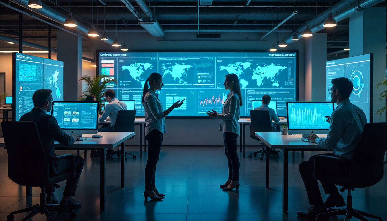 Futuristic corporate office showcasing AI transforming business operations with holographic dashboards, AI assistants, automated workflow robots, and real-time data analytics.