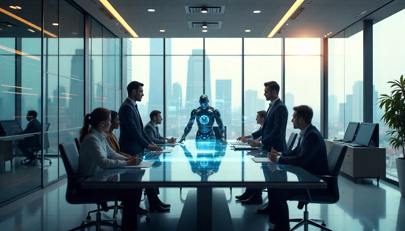 Hyper-realistic modern office with professionals using AI-powered holographic dashboards, predictive analytics, and robotic assistants for business workflow optimization in 2026