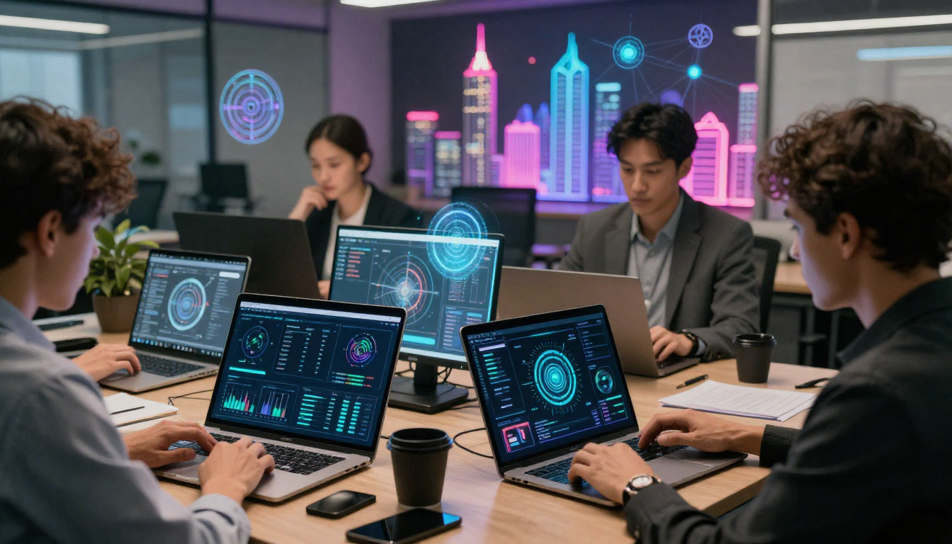 Futuristic office team using laptops and holographic AI and cloud dashboards, representing digital solutions 2026 and business growth.